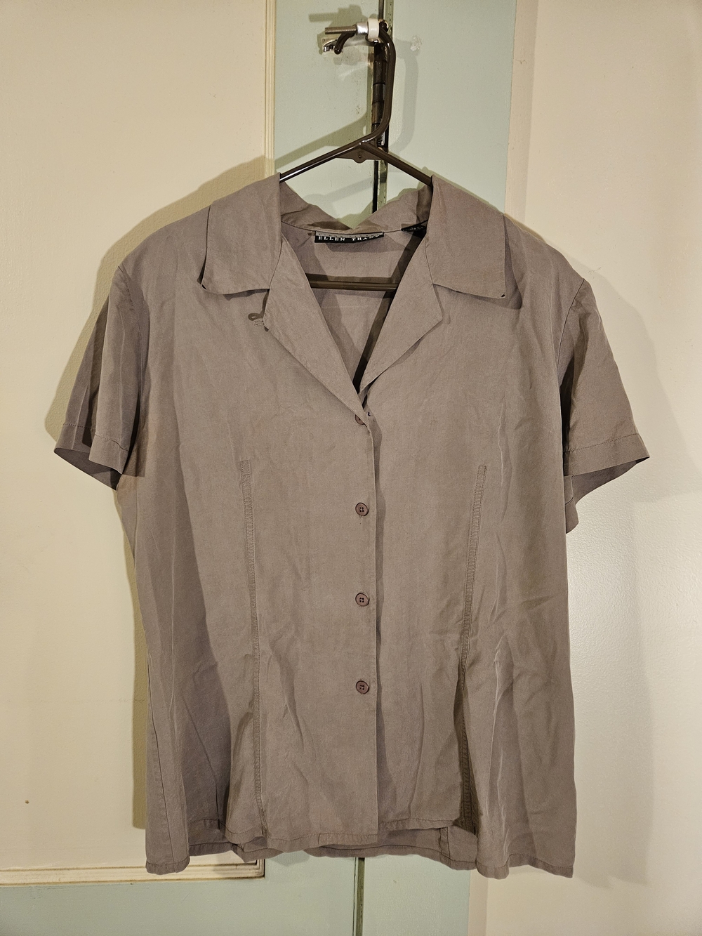 Ellen Tracy Short Sleeve Button-Down Shirt in Taupe